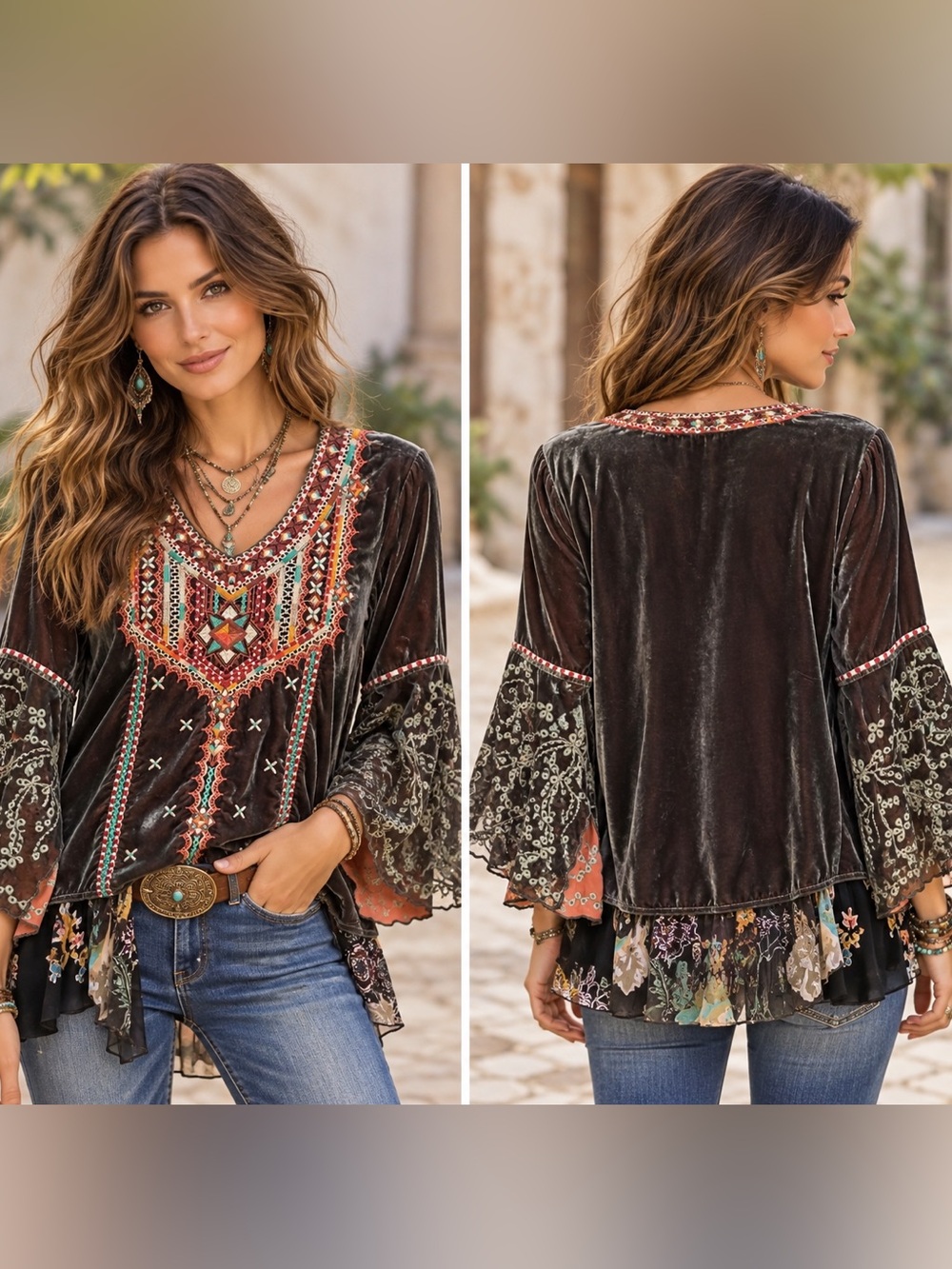 John Mark Embroidred Velvet Boho Top Size Small